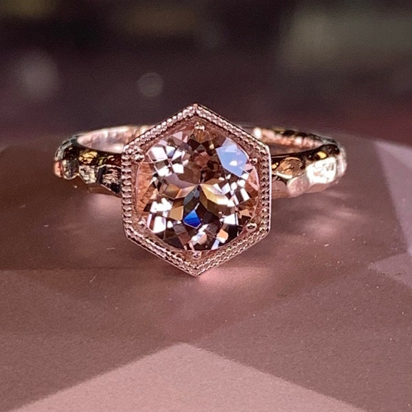 14K Rose Gold Round Morganite Ring/ Hexagon Shape Hammered Band Engagement Ring, Birthstone Ring, Promise Ring