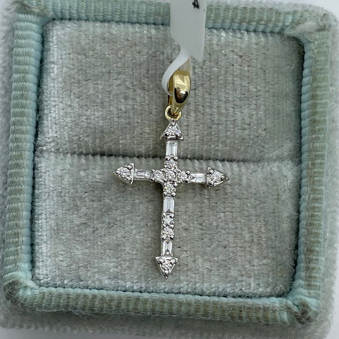 14K Gold Diamond Cross Pendant, Genuine Diamond Cross, Small Diamond