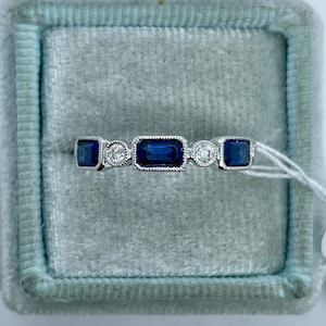 Bezel Sapphire Ring, Emerald Cut Sapphire Band, 18K White Gold Sapphire and Diamond Band, Sapphire Band