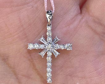 18K White Gold Diamond Cross Pendant, Baguette Round Diamonds, Sparkling Cross Necklace