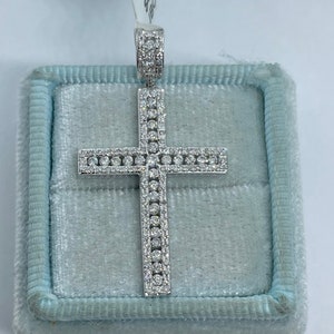 Diamond Cross Necklace, Square Diamond Cross 14K White Gold, Round Brilliant Cut Diamond Cross Religious Charm