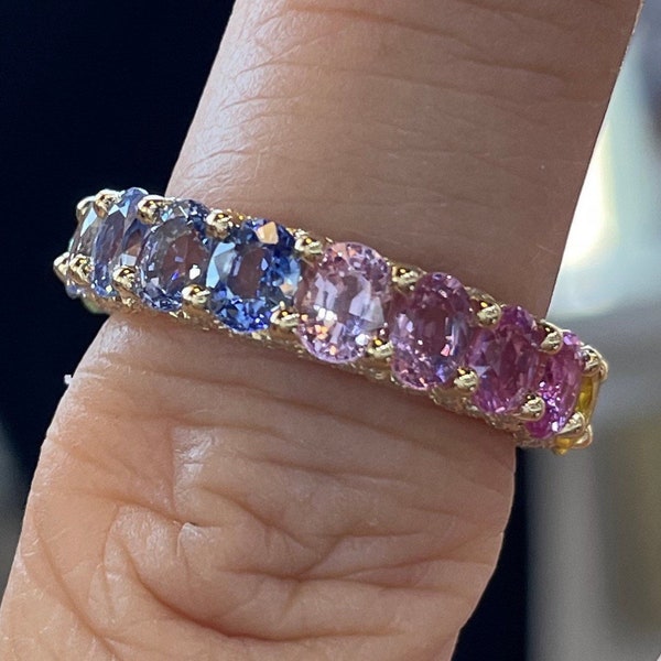 Rainbow Sapphire Eternity Band, 18K Yellow Gold Rainbow Sapphire Eternity Ring, Multicolor Sapphire and Diamond Ring Size 6
