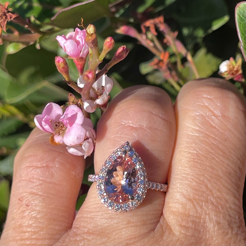 Pear Morganite Diamond Halo Ring, 14K Rose Gold Engagement Ring - Etsy