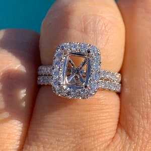 Diamond Semi Mount, Emerald Cut Diamond Setting, Radiant Halo Genuine Diamond Ring Setting White Gold, Diamond Wedding Set 8x6mm
