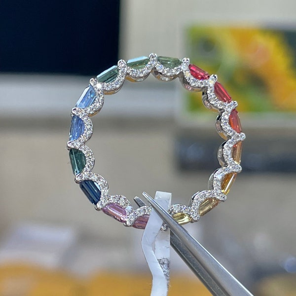 Rainbow Sapphire Eternity Band, 18K White Gold Rainbow Sapphire Eternity Ring, Multicolor Sapphire and Diamond Ring Fine Quality