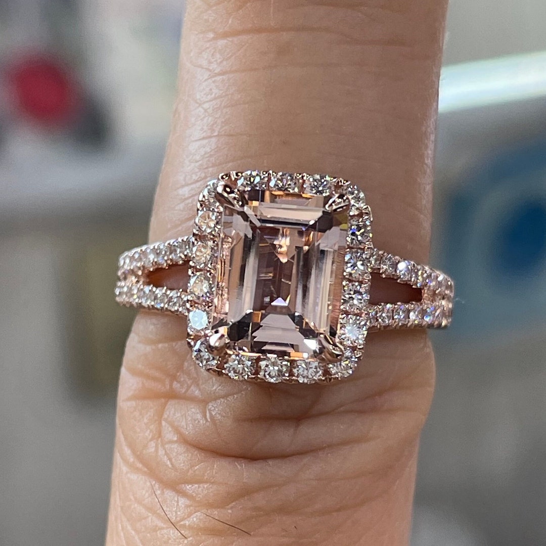 Emerald Cut Morganite Engagement Ring, 14K Rose Gold Morganite and