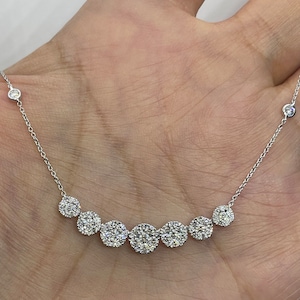 Diamond Necklace, Diamond Choker, 7 Halo Round Diamond Necklace With Cable Link adjustable chain, Diamond Necklace Choker Yellow Gold 18K image 1