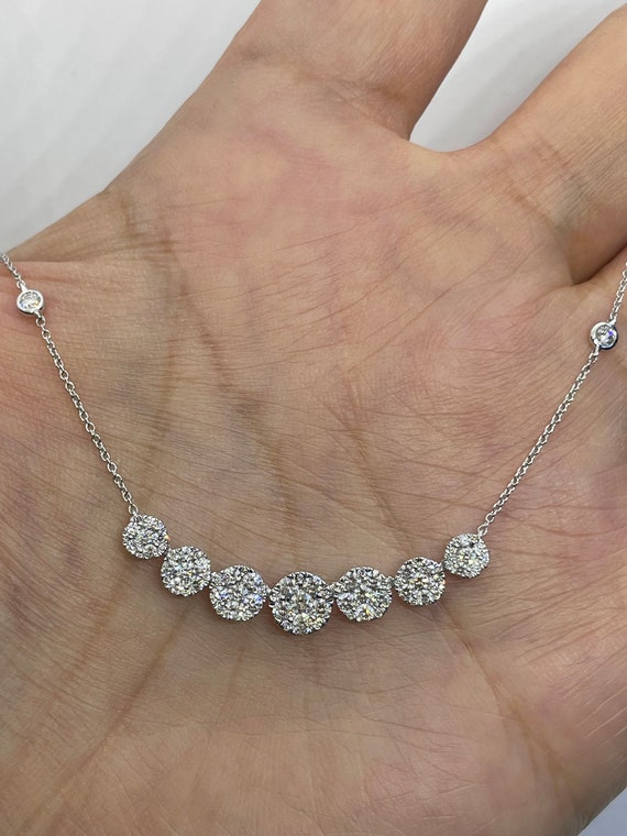Diamond Necklace, Diamond Choker, 7 Halo Round Diamond Necklace With Cable Link adjustable chain, Diamond Necklace Choker Yellow Gold 18K