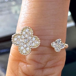 Diamond Flower Ring, Double Flower Ring, Dainty Flower Ring, Floral Diamond Ring, 14K yellow Gold Dainty Ring