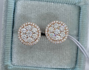 18K Rose Gold Round Diamond Halo Stud Earrings, 1.18 Carats