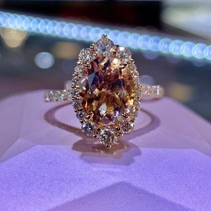 Morganite and Diamond Engagement Ring, 10x8mm Oval Shape Morganite and Diamond Halo Wedding Ring 14K Rose Gold Art Deco Antique