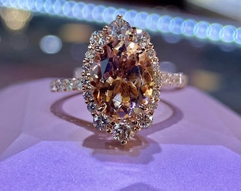 Morganite and Diamond Engagement Ring, 10x8mm Oval Shape Morganite and Diamond Halo Wedding Ring 18K Rose Gold Art Deco Antique