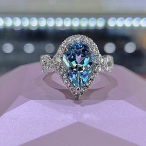 Pear Aquamarine Engagement Ring, Diamond Halo, 14K White Gold Art Deco Ring