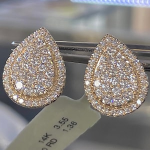 Pear Shape Diamond Earrings, Pear Diamond Earrings, Pear Halo Earrings, 14K Yellow Gold Pear Diamond Studs Statement Earrings