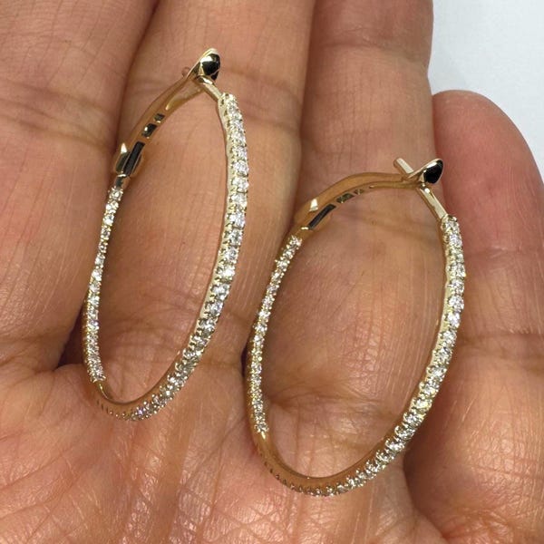 Thin Diamond Hoops, Thin Dainty Hoops, Big Diamond Hoop Earrings, 14K White Gold Diamond Hoops, Inside Out Diamond Hoop