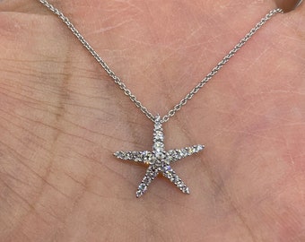 Diamond Starfish Necklace, Starfish Pendant Gold, 14K Yellow Gold Starfish Charm