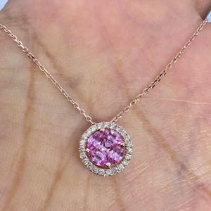 Pink Sapphire Pendant, Natural Pink Sapphire and Diamond Necklace, Pink Sapphire Solitaire Necklace, 18K Rose Gold Pink Sapphire Necklace