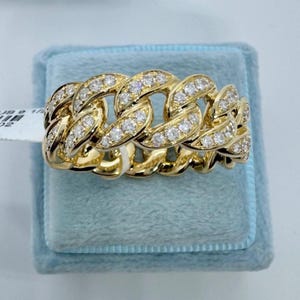 18K Gold Cuban Ring With Diamond, Cuban Link Ring, Diamond Link Ring, Cuban Diamond  Rings