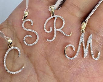 14K Yellow Gold Diamond Initial Pendant, Script Letter Charm