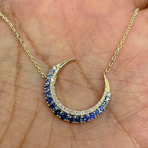 Diamond Moon Necklace, Sapphire Moon Necklace, Crescent Moon Necklace, 18K Yellow Gold Sapphire and Diamond Moon Necklace