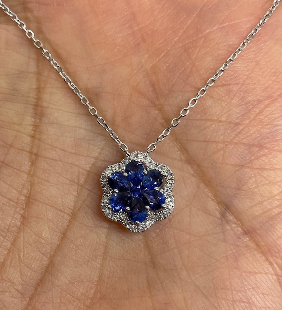 18K White Gold Sapphire and Diamond Pendant Blue Sapphire Flower Necklace Genuine Sapphire Necklace Pendant Flower Shape Etsy