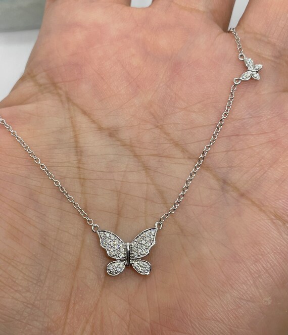 18K White Gold Double Butterfly Necklace Diamond Butterfly Pendant Diamond Butterfly Necklace