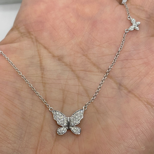 18K White Gold Double Butterfly Necklace, Diamond Butterfly Pendant, Diamond Butterfly Necklace