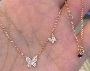 Diamond Butterfly Necklace, 14K Gold Double Butterfly Necklace, Diamond Butterfly Pendant