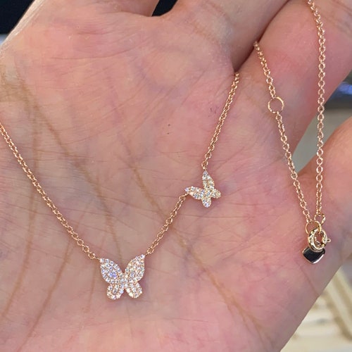 Diamond Butterfly Necklace 14K Gold Double Butterfly Etsy