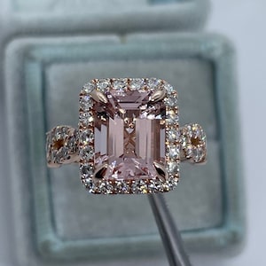 Emerald Cut Morganite Ring, 14K Rose Gold Emerald Cut Morganite Engagement Ring, Emerald Cut Halo Diamond Ring Twist Band Art Deco Antique