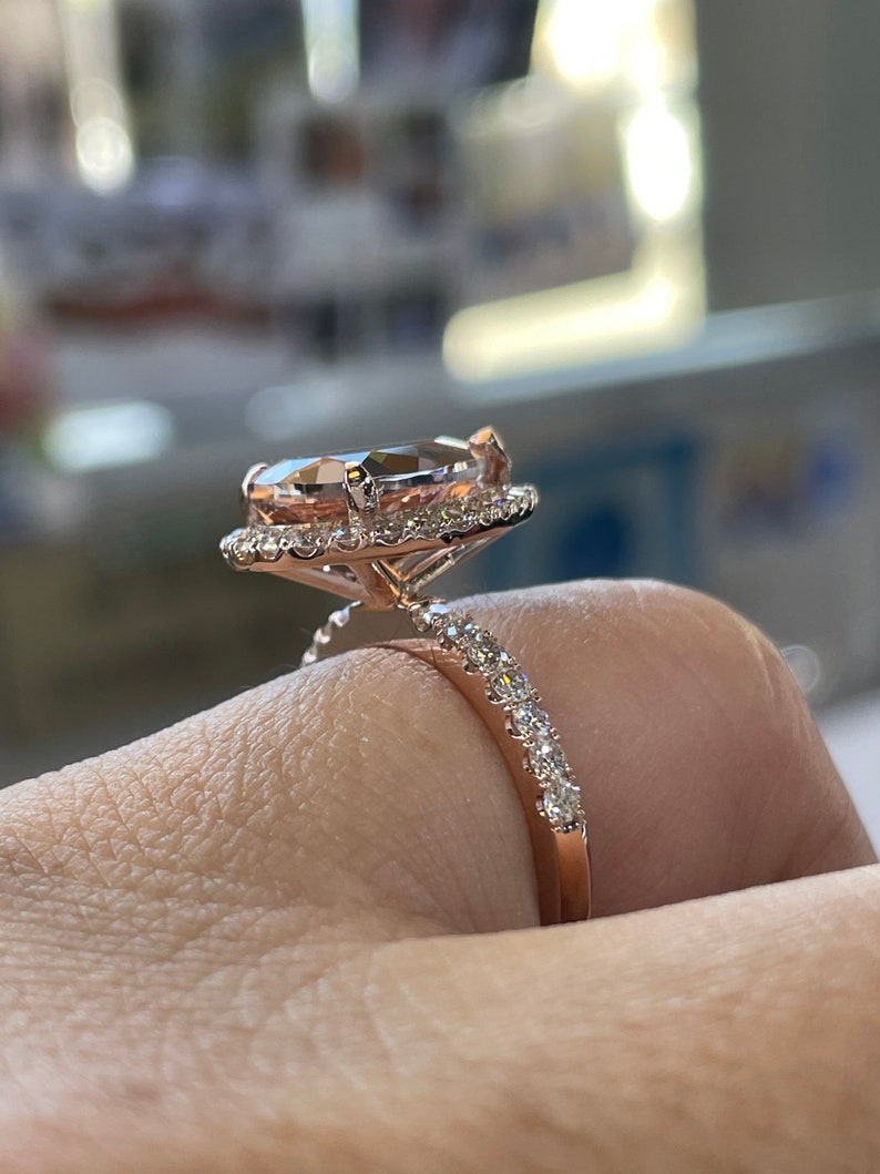 Pear Morganite Diamond Halo Engagement Ring, 14K Rose Gold Wedding Ring ...