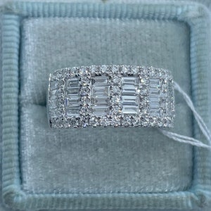 Baguette Diamond Ring, Wide Diamond Band, 18K White Gold Diamond Wedding Band, Baguette and Round Ring, Diamond Anniversary Band