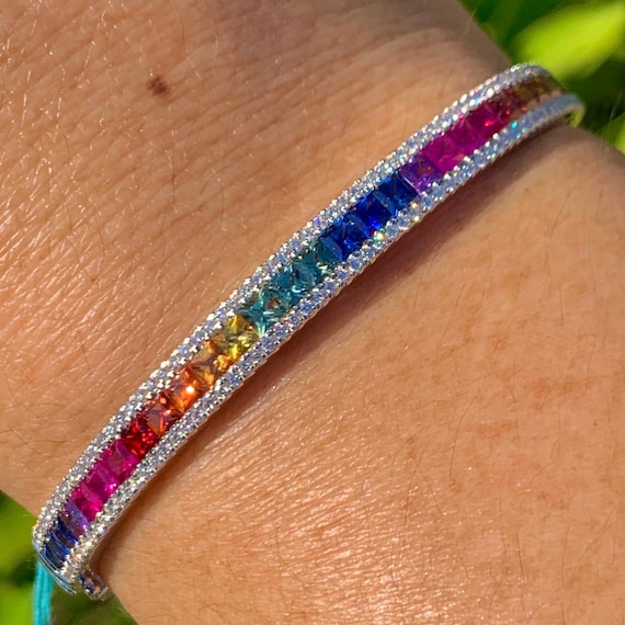 Rainbow Sapphire Bracelet, Fancy Color Sapphire Bangle 18K White