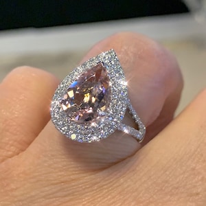 Pear Morganite and Diamond Ring, Double Halo Pear Morganite White Gold, Pink Morganite Ring Statement Ring 18K