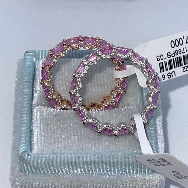 Emerald Cut Pink Sapphire Diamond 18K Gold Eternity Band