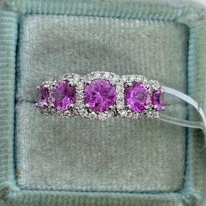 Pink Sapphire Band Ring, Pink Sapphire Diamond Ring, 18K White Gold Pink Sapphire and Diamond Band Anniversary Band