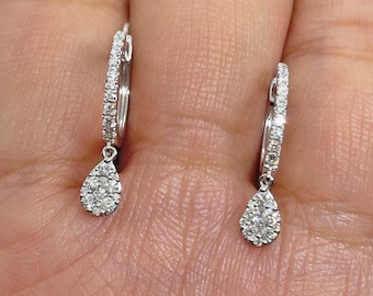 18K White Gold Pear Shaped Diamond Dangle Earrings, Sparkling Cluster Drop