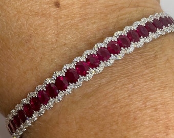 Ruby and Diamond Bangle Bracelet, Genuine Ruby Diamond Bracelet, 18K White Gold Ruby Bracelet Fine Quality