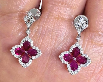 Ruby Earrings, Ruby Dangling Earrings, Ruby Dangle Earrings, 18K White Gold Ruby Flower Earrings