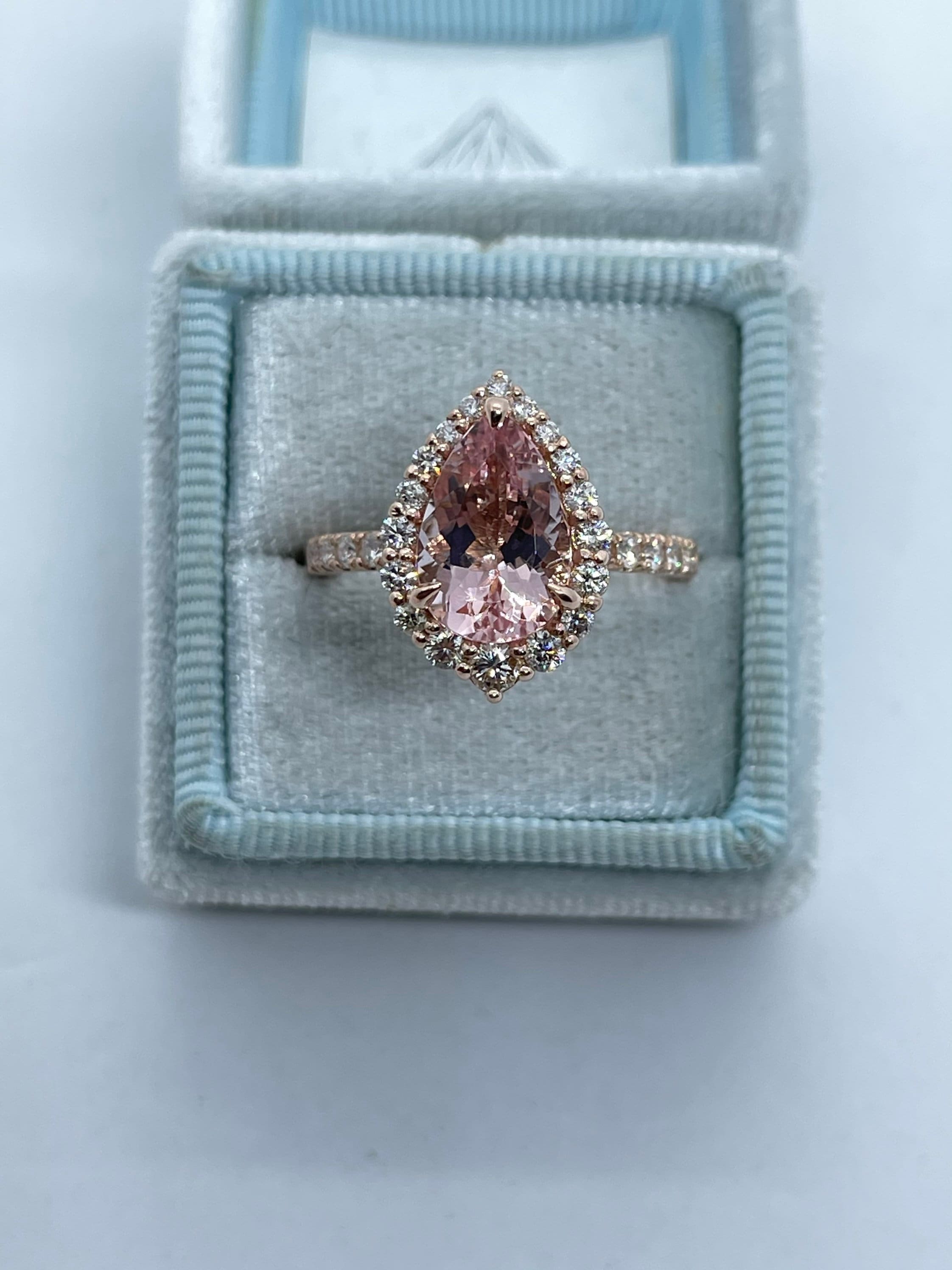 Pear Morganite Engagement Ring, 14K Rose Gold Diamond Halo - Etsy