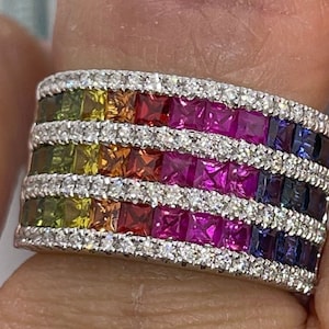 Multicolor Sapphire Ring, Rainbow Sapphire Band, Rainbow Sapphire and Diamond Ring, 18K White Gold Fancy Sapphire Ring