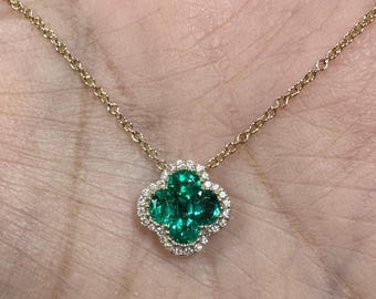 Emerald and Diamond Necklace, Natural Emerald Flower Necklace