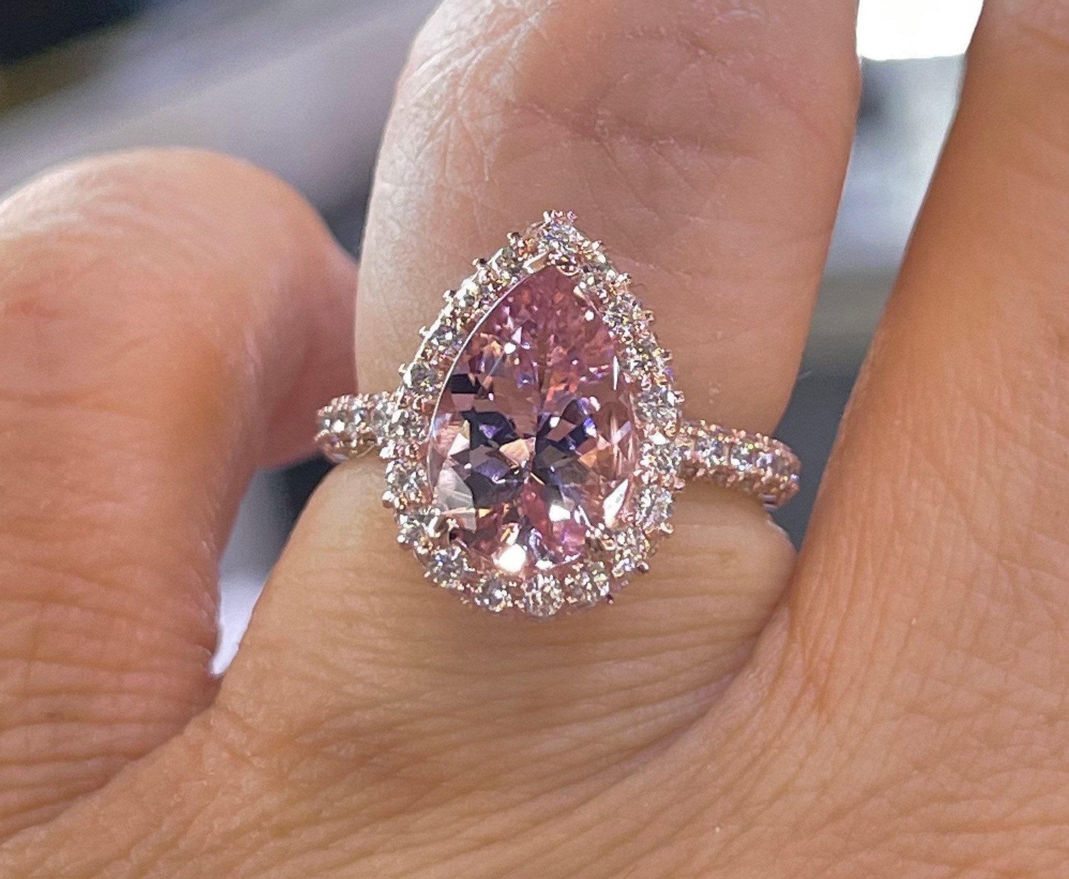 Pear Morganite Diamond Halo Ring, 14K Rose Gold Engagement Ring - Etsy