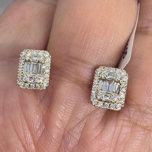 Diamond Stud Earrings, Emerald Cut Diamond Earrings, Baguette Earrings, Emerald Cut Earrings, 14K Yellow Gold Emerald Cut Stud Earrings