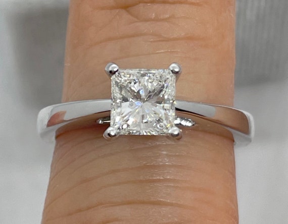 1 Carat Princess Cut Solitaire Square Halo Diamond Shank Platinum Ring