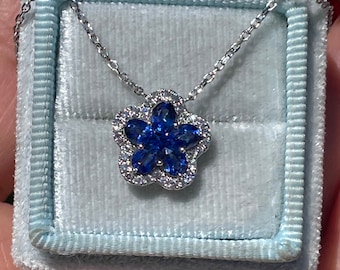 Sapphire Flower Necklace , Floral Sapphire Necklace, Sapphire and Diamond Necklace, 18K White Gold Blue Sapphire Flower Pendant