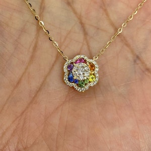 Flower Pendant, Fancy Sapphire Pendant, Rainbow Sapphire and Diamond Necklace, Flower Necklace 18K Yellow Gold