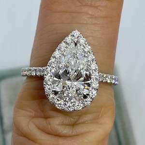 Pear Solitaire Diamond Ring, Lab Grown Pear Ring, Pear Halo Ring, Certified Pear Engagement Ring 2 Carats Excellent Cut