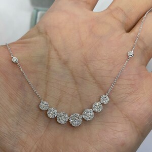 Diamond Necklace, Diamond Choker, 7 Halo Round Diamond Necklace With Cable Link adjustable chain, Diamond Necklace Choker Yellow Gold 18K image 2