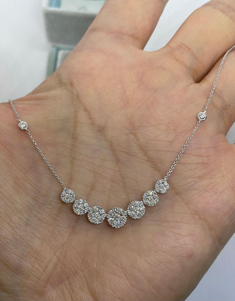 Diamond Necklace, Diamond Choker, 7 Halo Round Diamond Necklace With Cable Link adjustable chain, Diamond Necklace Choker Yellow Gold 18K image 2